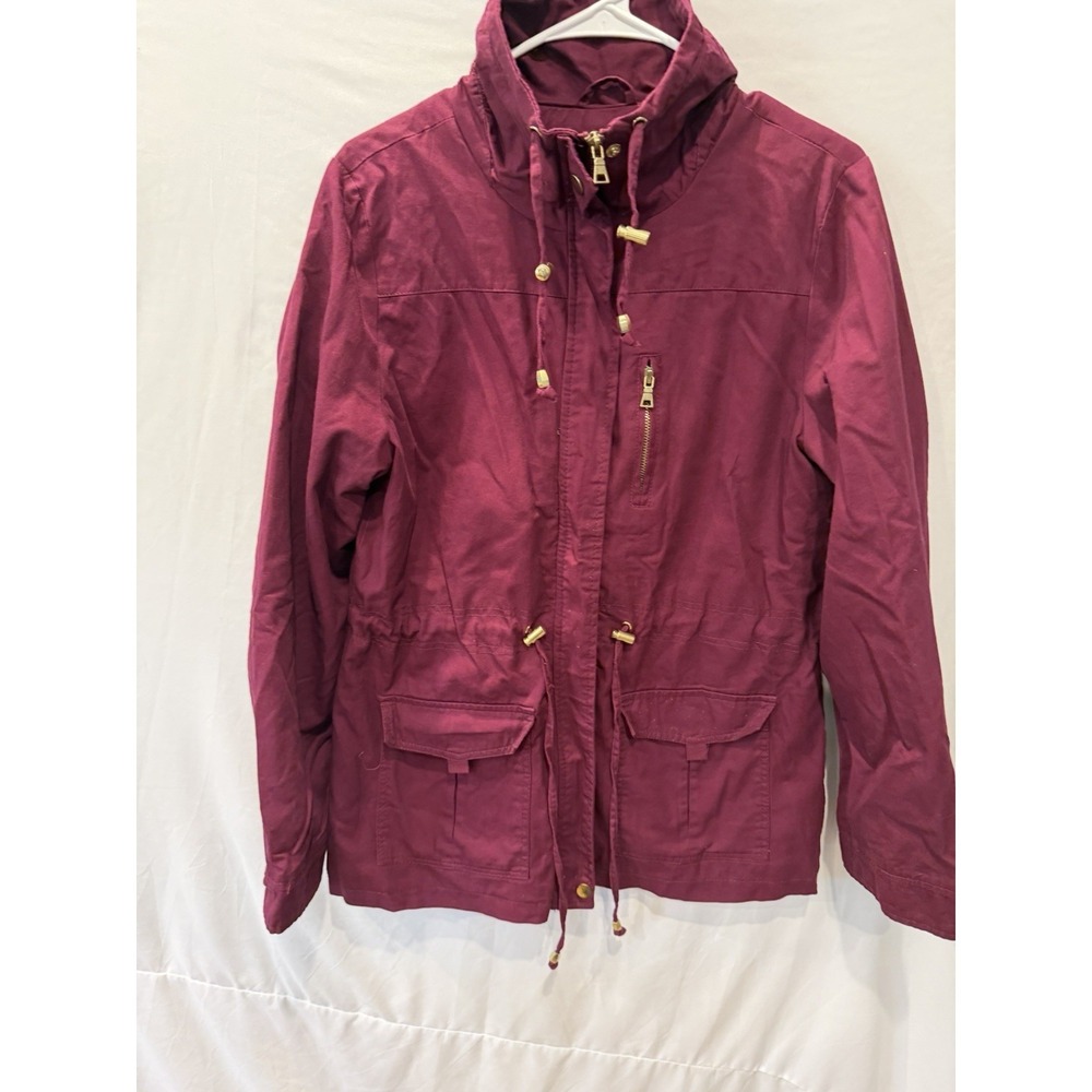 Charlotte Russe Anorak Utility Jacket L Plum Burgundy Full Zip Hooded Field Coat